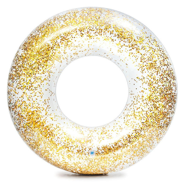 Clear inflatable inner tube with glitter inside. This tube has gold glitter.