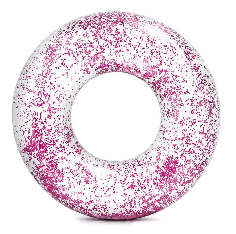 Clear inflatable inner tube with glitter inside. This tube has purple glitter.