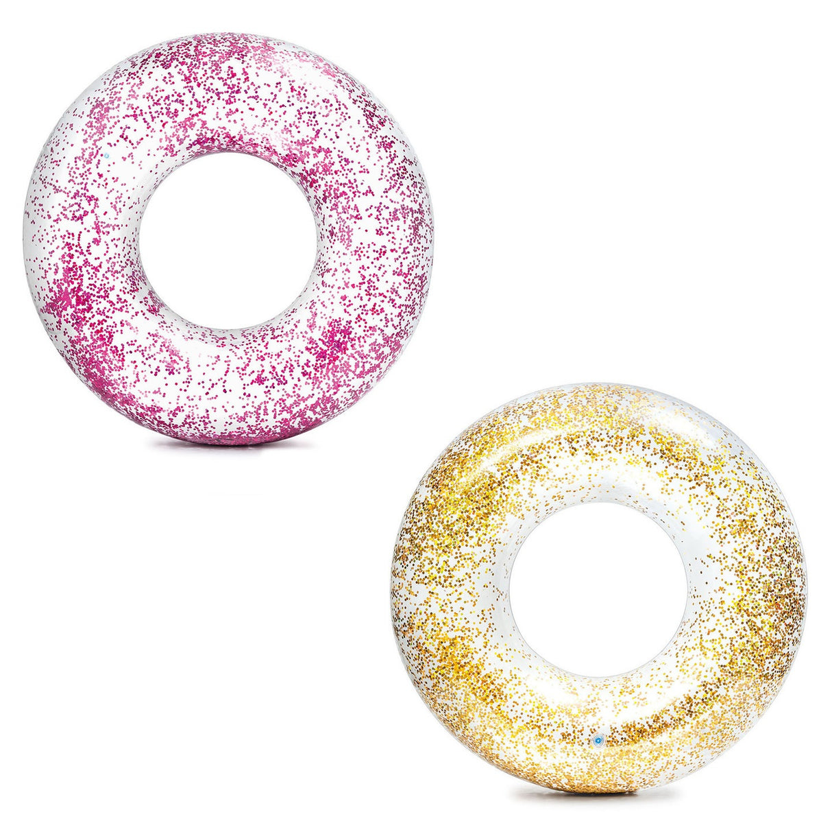 Clear inflatable inner tube with glitter inside. There are two glitter options: gold or purple.