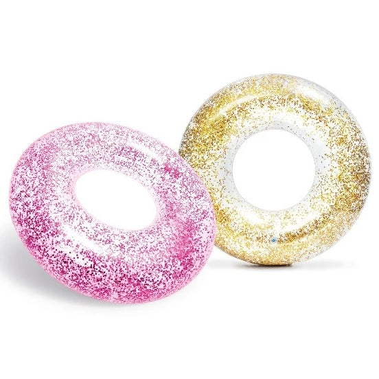 Clear inflatable inner tube with glitter inside. There are two glitter options: gold or purple.