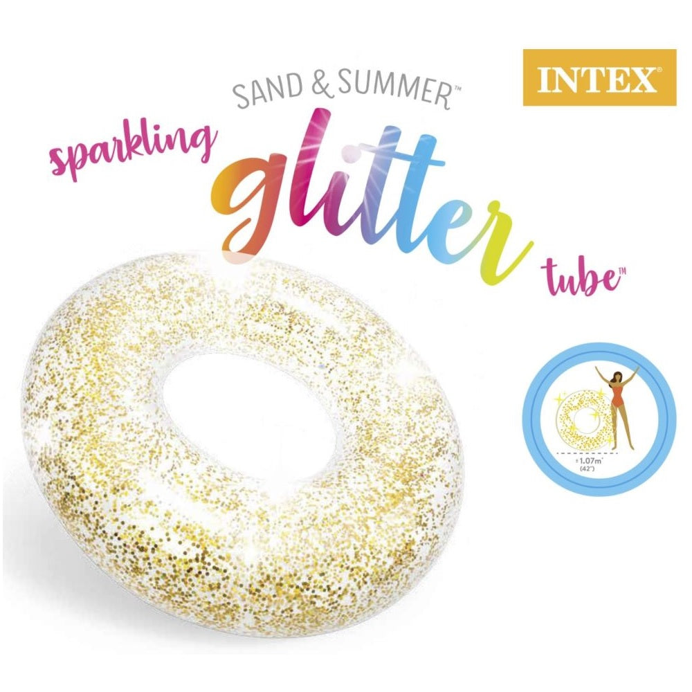 Clear inflatable inner tube with glitter inside. This tube has gold glitter.
