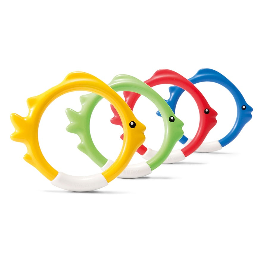 Set of diving toys that are shaped like circular fish.