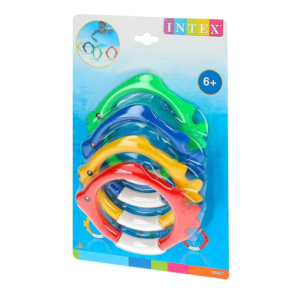 Set of diving toys that are shaped like circular fish.