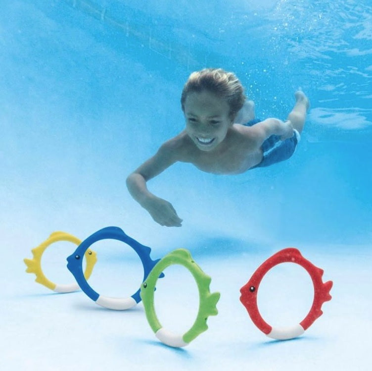 Set of diving toys that are shaped like circular fish.