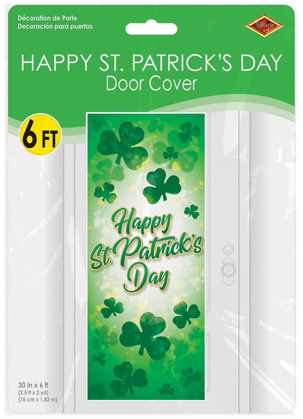 Decoration you hang on a door. The door cover is different shades of green with different sized shamrocks. There are specks of yellow. In green and yellow cursive it reads "HAPPY ST. PATRICK'S DAY!"