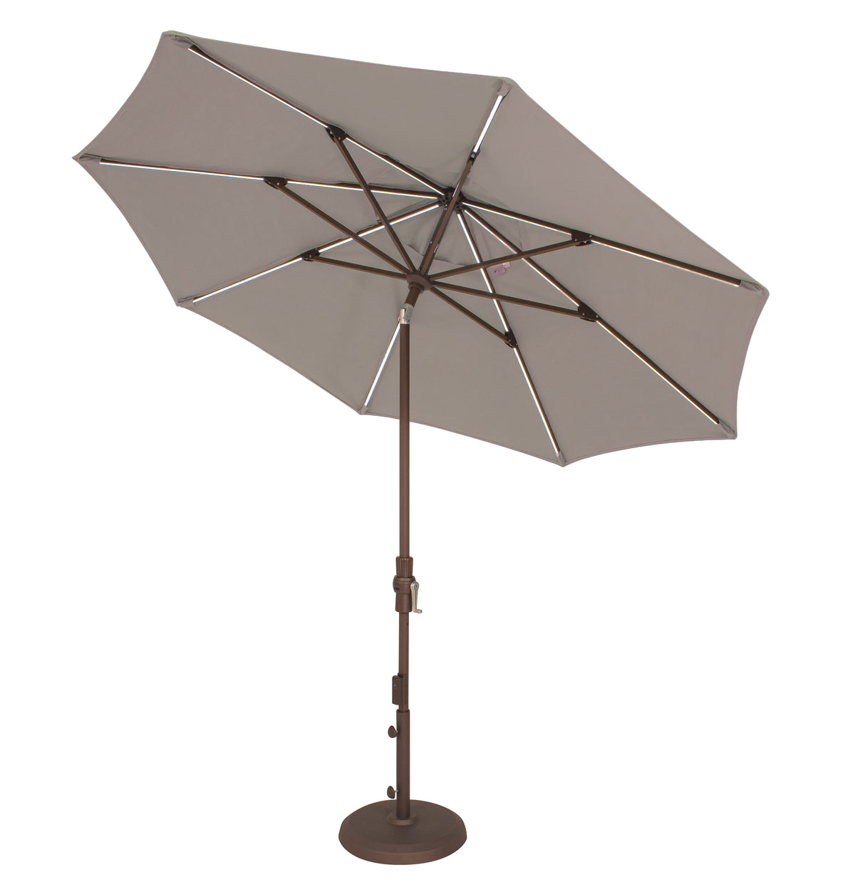 9' Starlux Collar Tilt Market Umbrella in a Bronze Frame with a Taupe Canopy