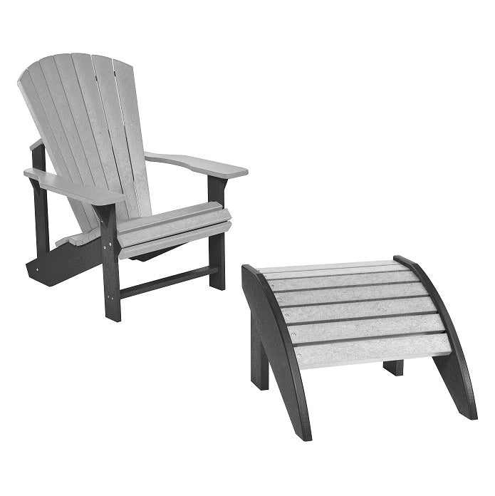 A two-tone light gray and dark gray Adirondack chair and matching footstool