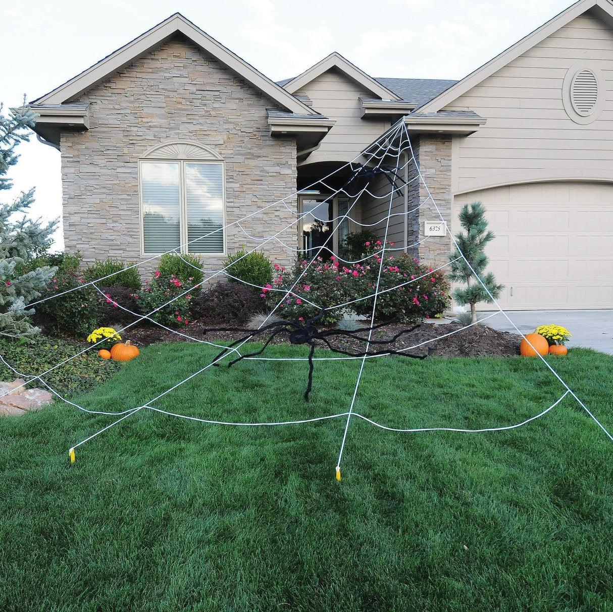 Massive spider web yard decoration for Halloween. It lights up under black lights.