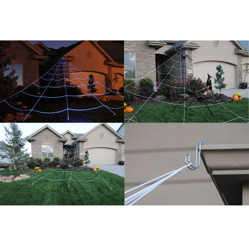 Massive spider web yard decoration for Halloween. It lights up under black lights.