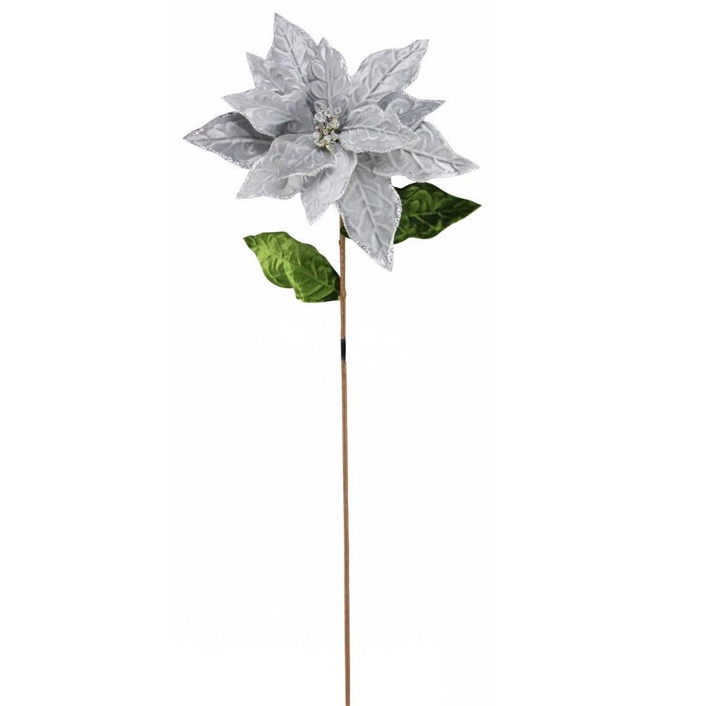 30" Silver Velvet Glitter Poinsettia Floral Pick Stem