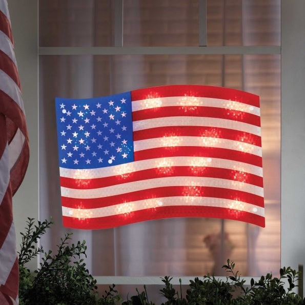 Lighted patriotic decoration shaped like the American flag.