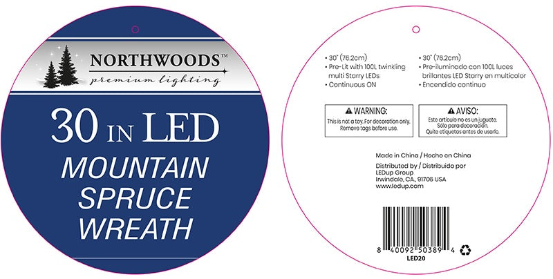 30" Mountain Spruce Wreath with 100 Starry Multi LED Lights