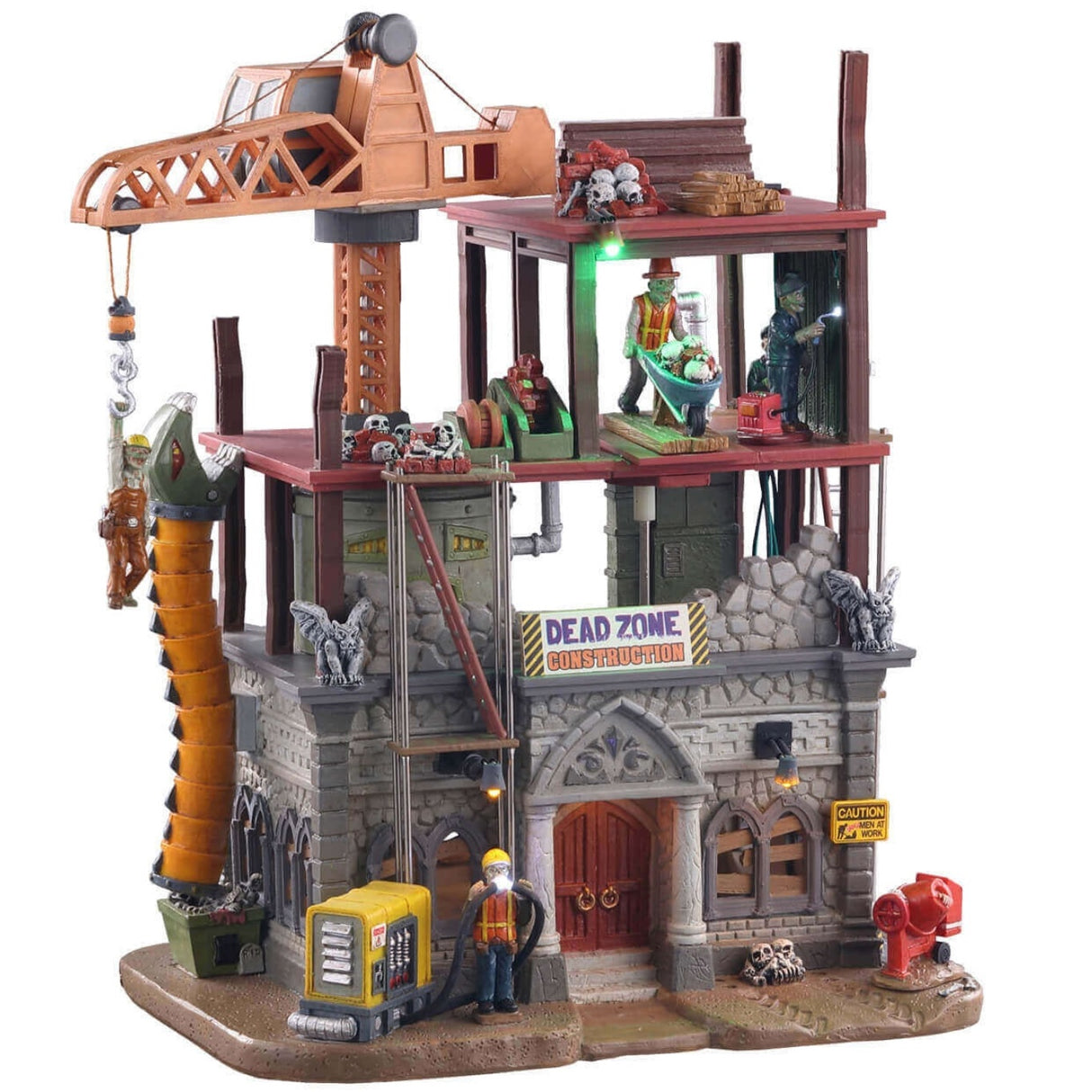 Polyresin village accent for a Lemax Spooky Town display. Designed to look like a construction site. A bunch of monster-construction workers are building, what looks to be a cathedral with gargoyles on the sides.