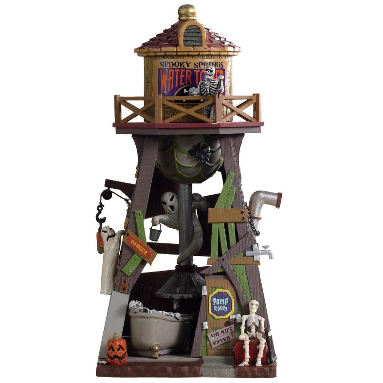 Polyresin village accent for a Lemax display. Designed to look like an old timey Western water tower. There are skeletons and pumpkins and a ghost.