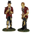 Polyresin figurines for a Lemax display. Designed to look like two zombies wearing torn up suits and holding instruments.