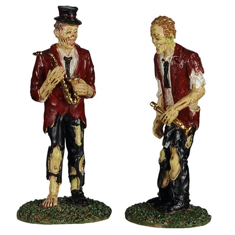 Polyresin figurines for a Lemax display. Designed to look like two zombies wearing torn up suits and holding instruments.