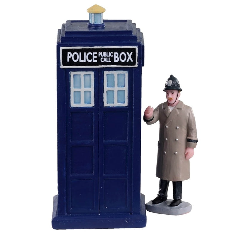 Polyresin figurine for a Lemax Village tabletop display. Designed to look like a blue police phone booth with an officer wearing a brown jacket standing next to it