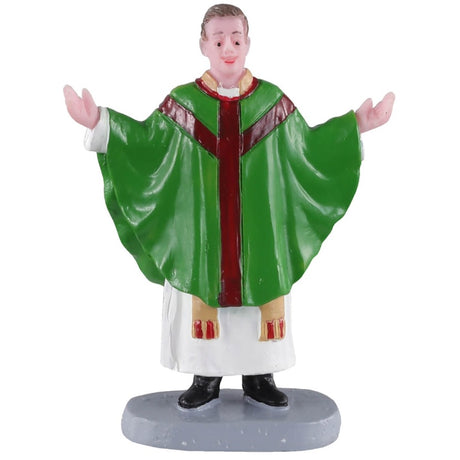 Polyresin figurine for a Lemax Village tabletop display. Designed to look like a priest wearing a green and red robe