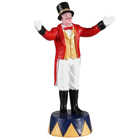 Polyresin figurine for a Lemax Village tabletop display. Designed to look like a ringmaster wearing a classic red jacket and top hat