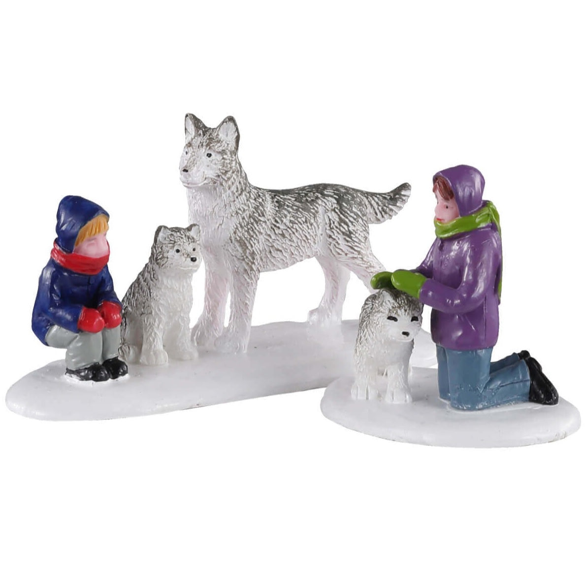Polyresin figurines for a Lemax Village tabletop display. Designed to look like two kids petting a trio of husky dogs in the snow. They're wearing warm winter clothes