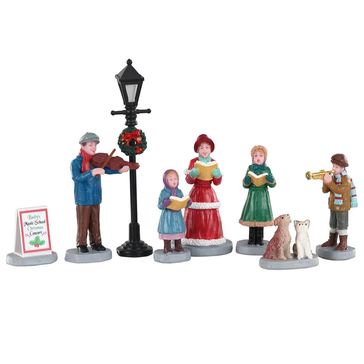 Polyresin figurines for a Lemax Village tabletop display. Designed to look like a group of carolers standing next to a lamppost. A boy is playing the violin and another boy is playing the trumpet. A woman and two young girls are singing. There are two dogs joining in as well