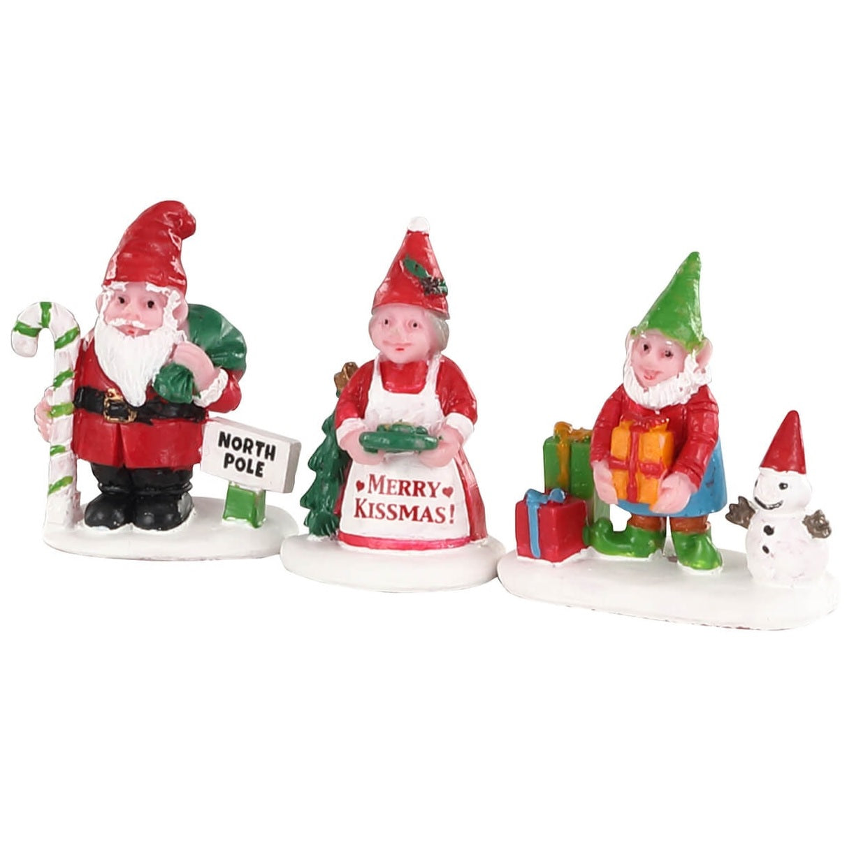 Polyresin figurines for a Lemax Village tabletop display. Designed to look like a trio of gnomes in Christmas gear. Gnome wi