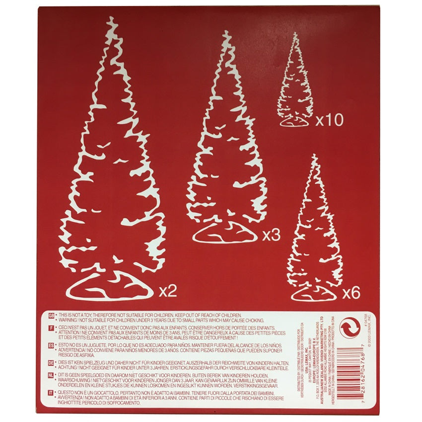 The backside of the packaging for two extra large trees, two large trees, 6 medium trees and 10 small trees. All trees appear to be covered in snow