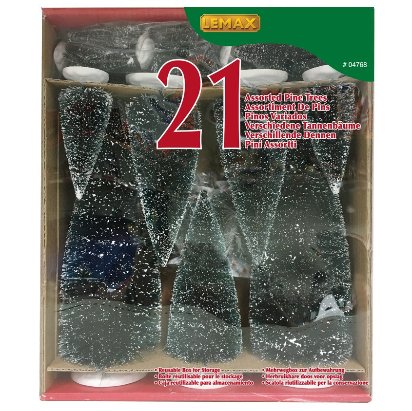 A set of 21 polyester and plastic trees of all sizes for a Lemax Village tabletop display. All trees appear to be covered in snow.