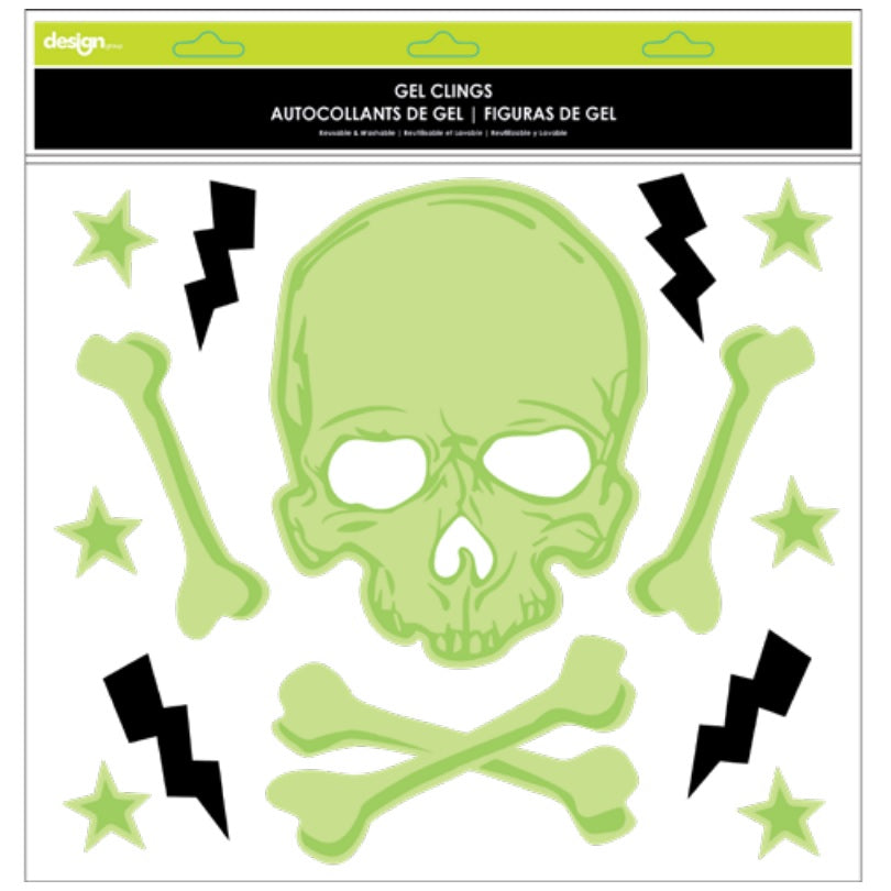 Glow in the dark window cling decorations for Halloween. One set reads "Happy Halloween" and features jack-o-lanterns and stars. One set features a bunch of different sized spiders. One set features a skull and cross bones with lightning. One set reads "Trick or Treat."