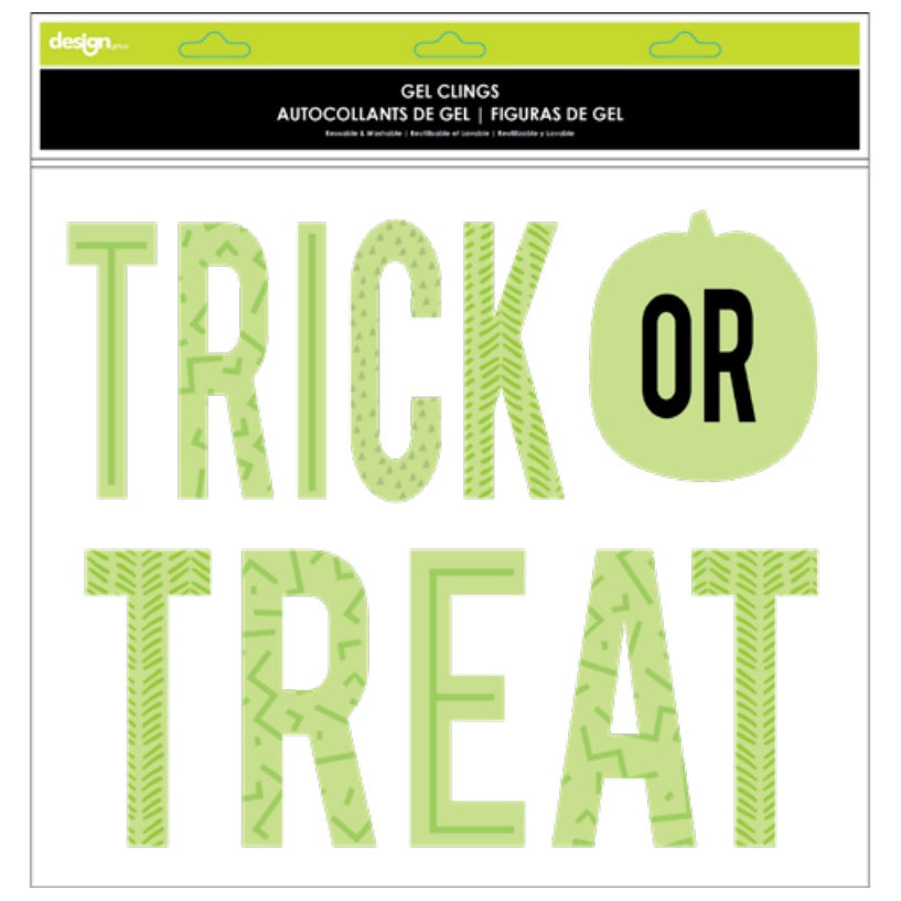 Glow in the dark window cling decorations for Halloween. One set reads "Happy Halloween" and features jack-o-lanterns and stars. One set features a bunch of different sized spiders. One set features a skull and cross bones with lightning. One set reads "Trick or Treat."