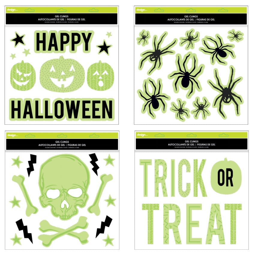 Glow in the dark window cling decorations for Halloween. One set reads "Happy Halloween" and features jack-o-lanterns and stars. One set features a bunch of different sized spiders. One set features a skull and cross bones with lightning. One set reads "Trick or Treat."
