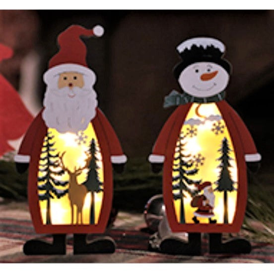 Santa/Snowman Tabletop Statue with Nature Cutouts and LED Lights