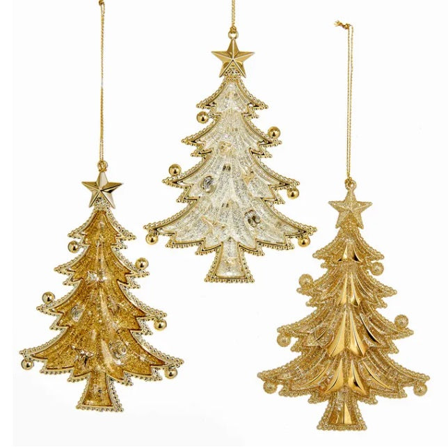 Gold ornaments shaped like a tree with ornaments on it.