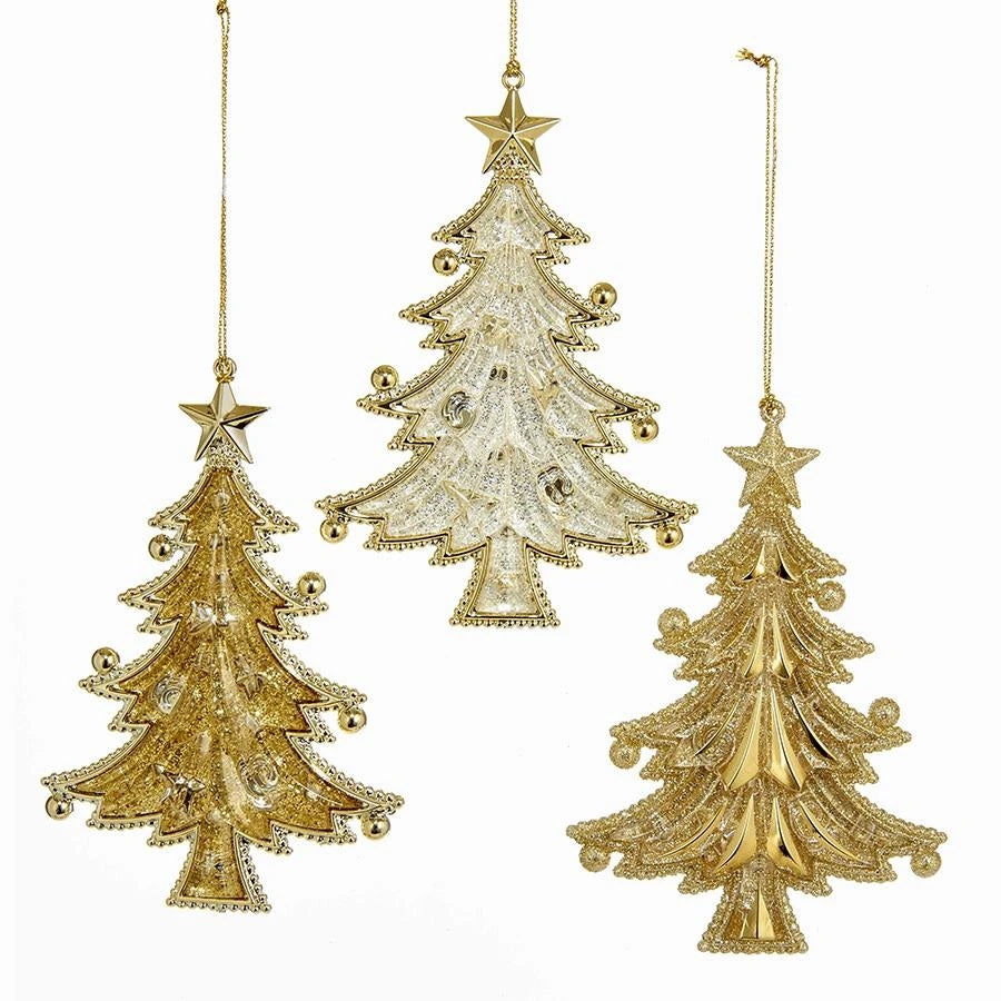 Gold ornaments shaped like a tree with ornaments on it.