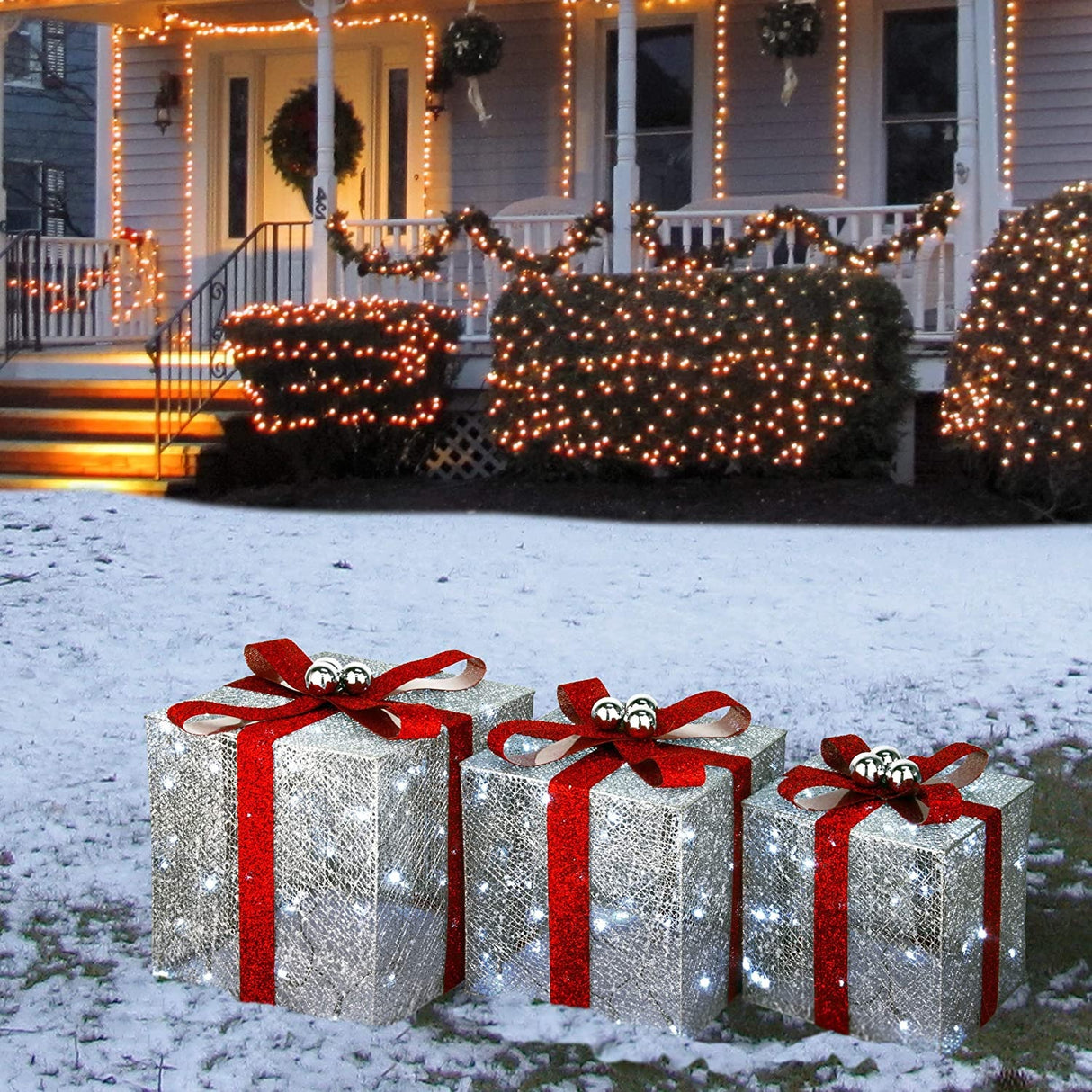 Set of 3 Pre-Lit Crystal Champagne Gift Box Sculptures