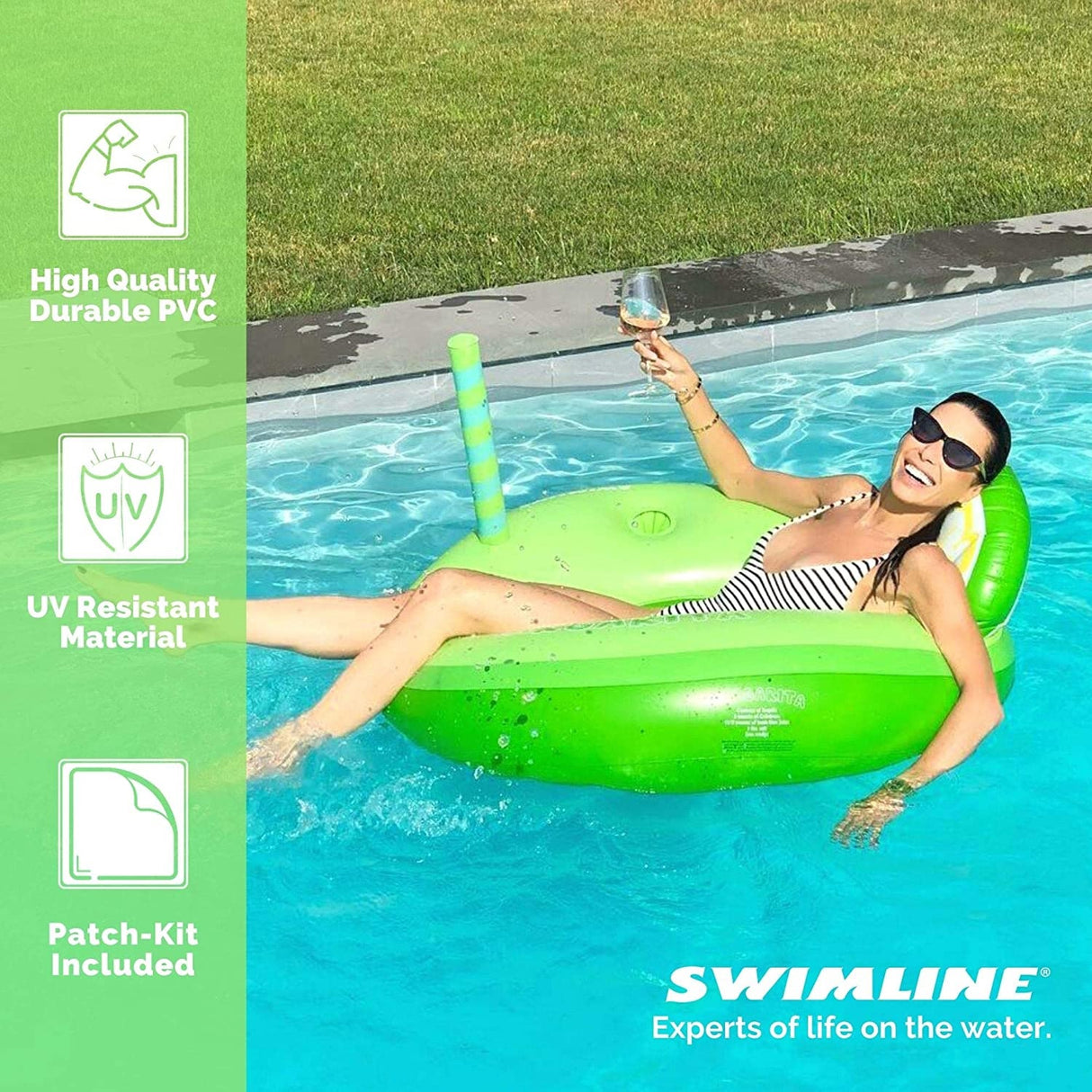 Green inflatable inner tube that reads "margarita." It's designed to look like it has a straw coming out of it and a back rest shaped like a lime.