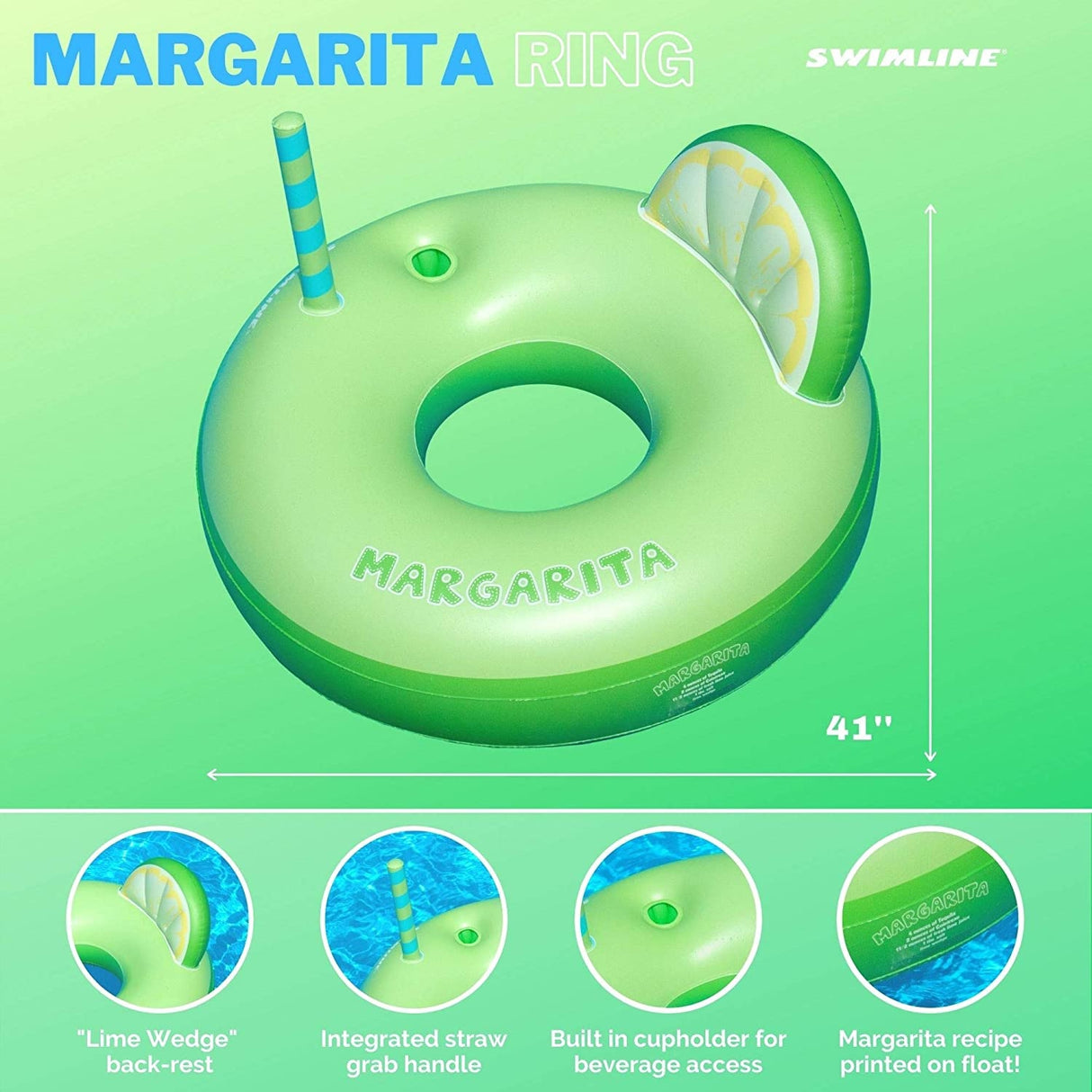 Green inflatable inner tube that reads "margarita." It's designed to look like it has a straw coming out of it and a back rest shaped like a lime.