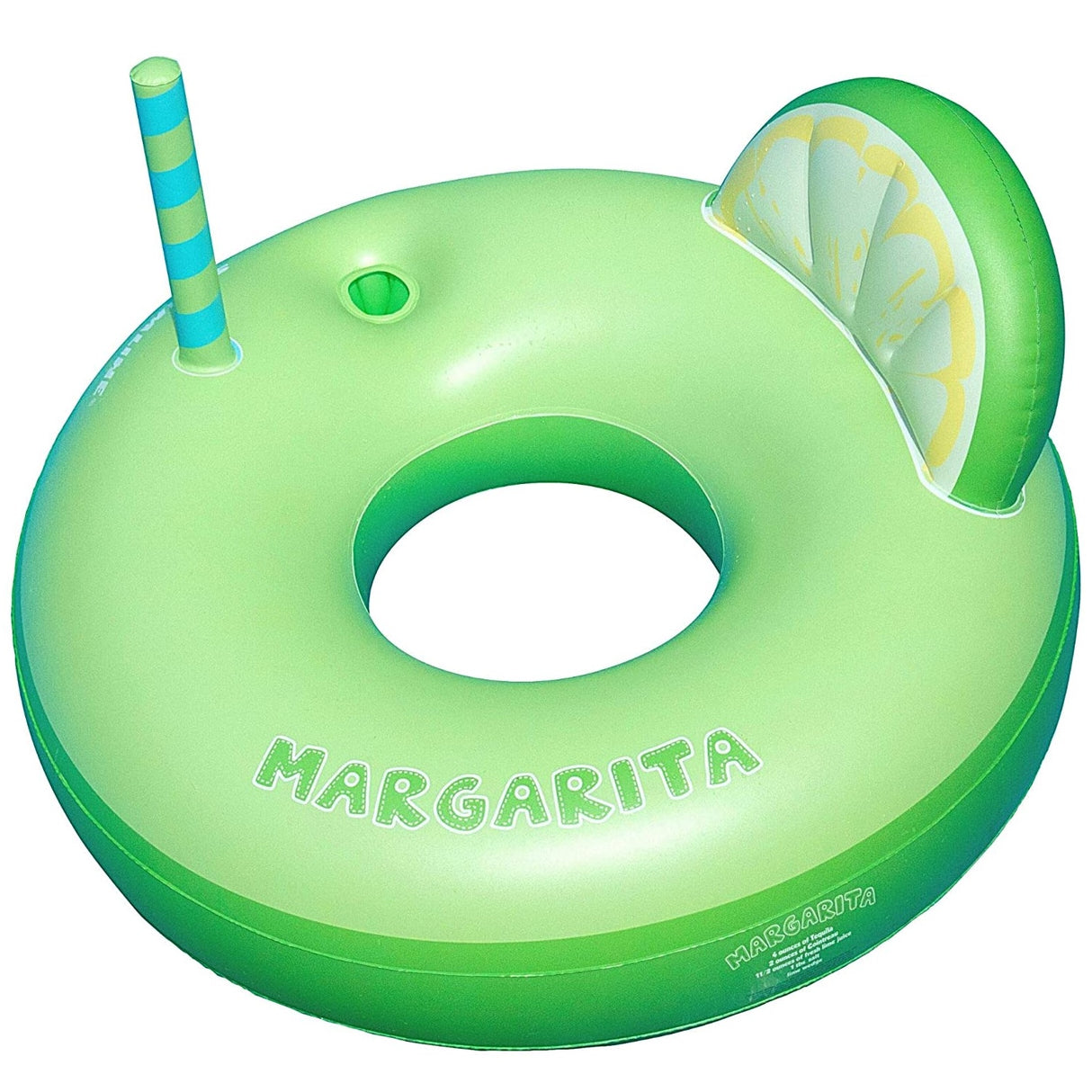 Green inflatable inner tube that reads "margarita." It's designed to look like it has a straw coming out of it and a back rest shaped like a lime.