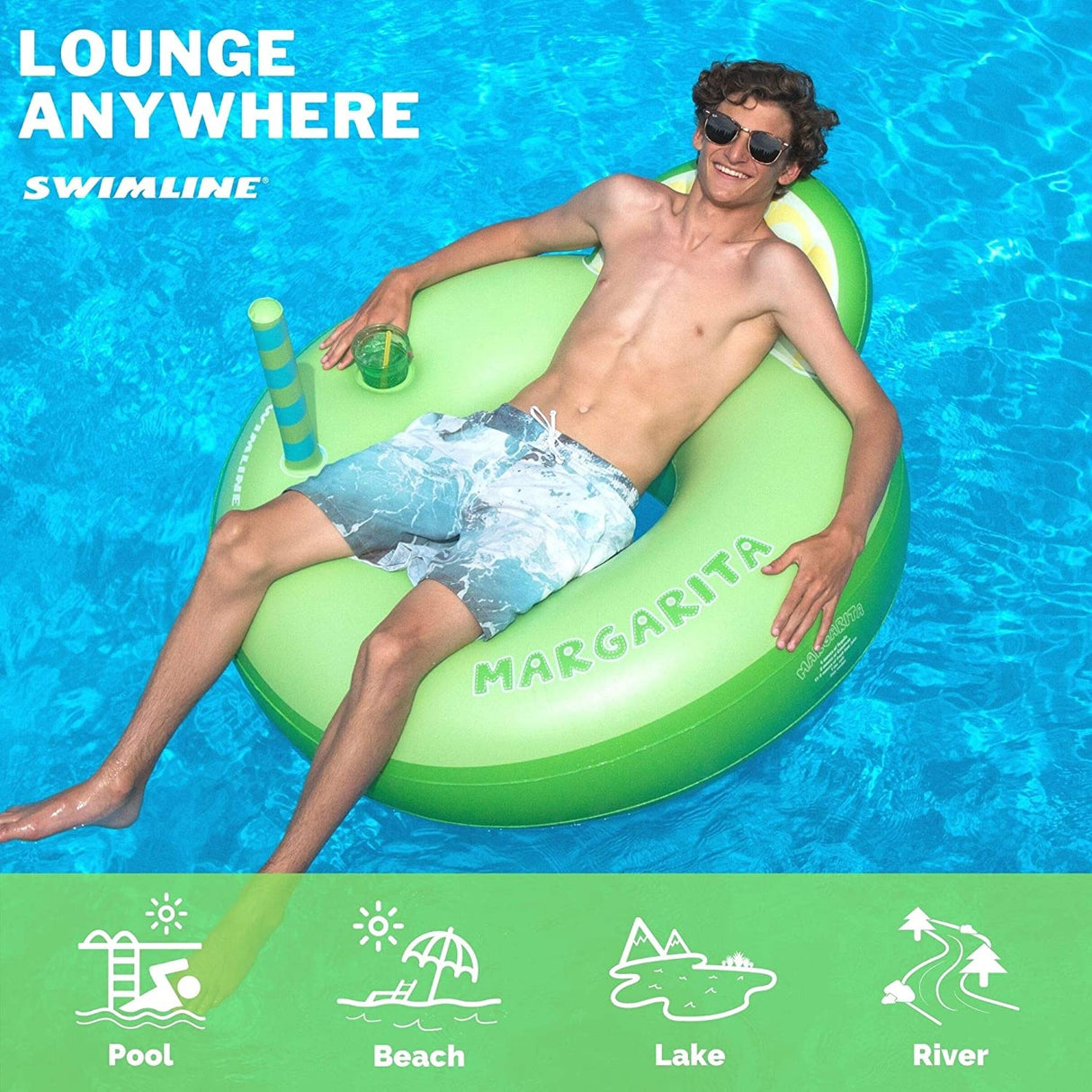 Green inflatable inner tube that reads "margarita." It's designed to look like it has a straw coming out of it and a back rest shaped like a lime.