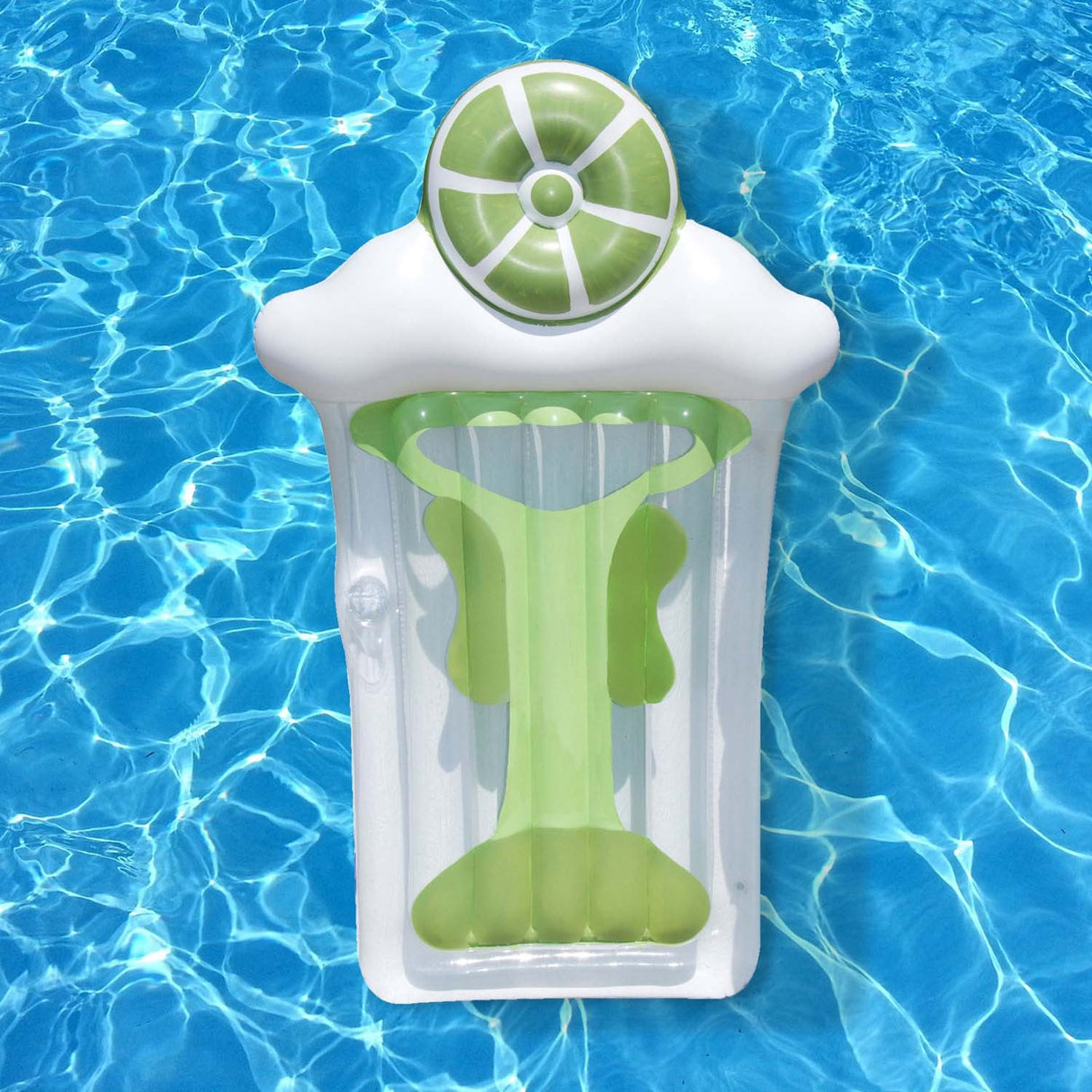 Pool float lounger shaped like a martini glass with a lime on top.