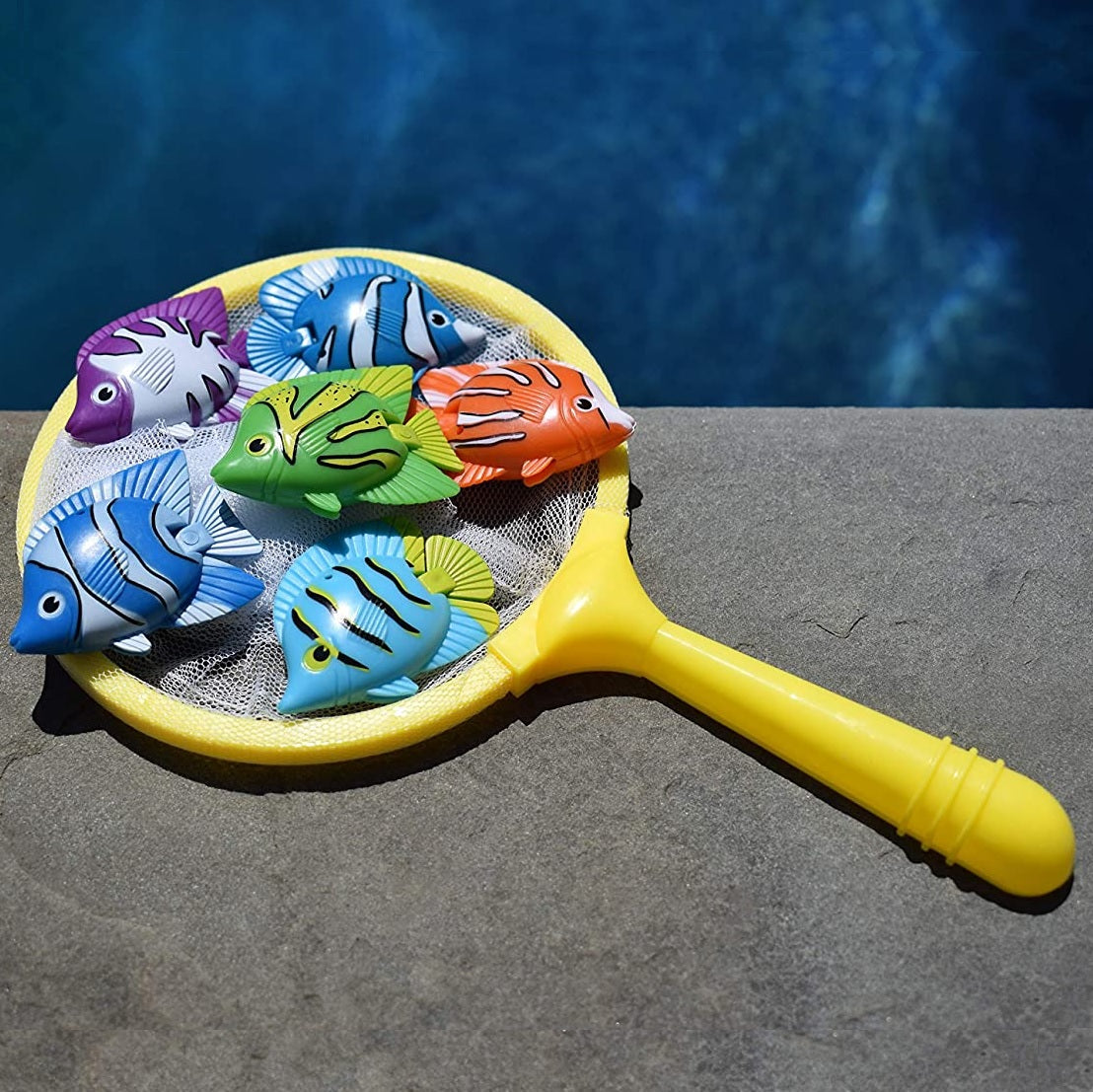 Pool game consisting of a net and colorful fish. Perfect for diving games.