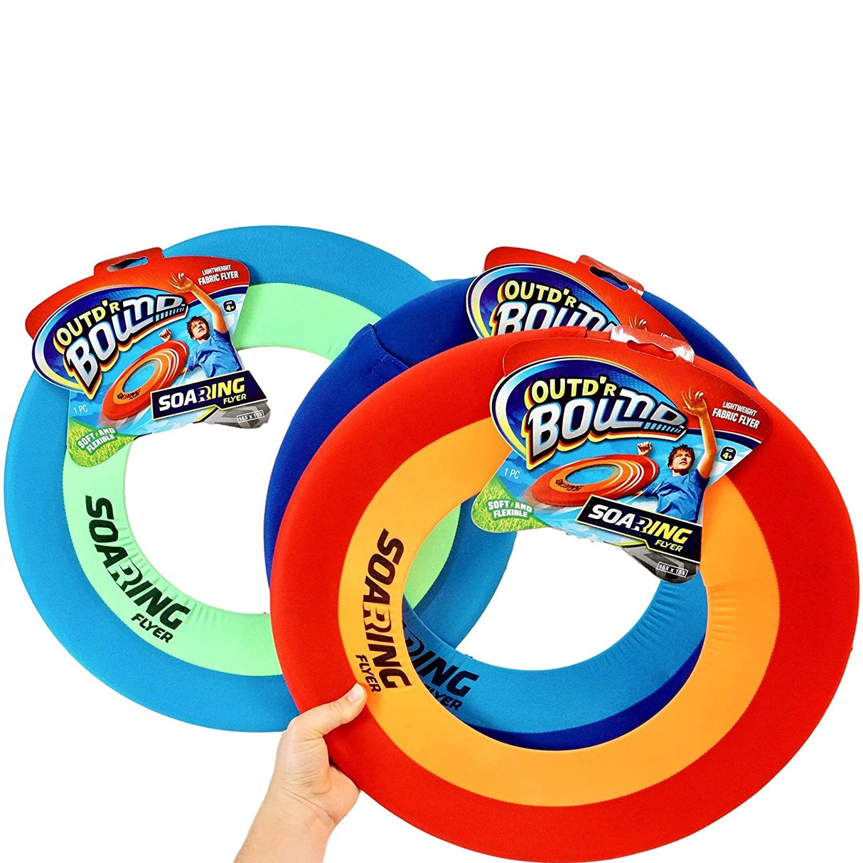 Lightweight frisbee made of colored spandex. There are three color options in this picture. One has a dark blue border, a light blue inner ring and the middle is missing so it flies further. The other one has a red border, an orange inner ring and the middle is missing so it flies further. The third one has a turquoise border, a neon green inner ring and the middle is missing. This picture shows one hand holding all three options.
