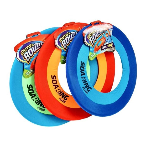 Lightweight frisbee made of colored spandex. There are three color options in this picture. One has a dark blue border, a light blue inner ring and the middle is missing so it flies further. The other one has a red border, an orange inner ring and the middle is missing so it flies further. The third one has a turquoise border, a neon green inner ring and the middle is missing.