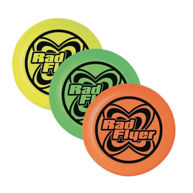 Round frisbee made of plastic and latex. One is neon green, one is yellow and one is orange. They all feature the black Rad Flyer logo.