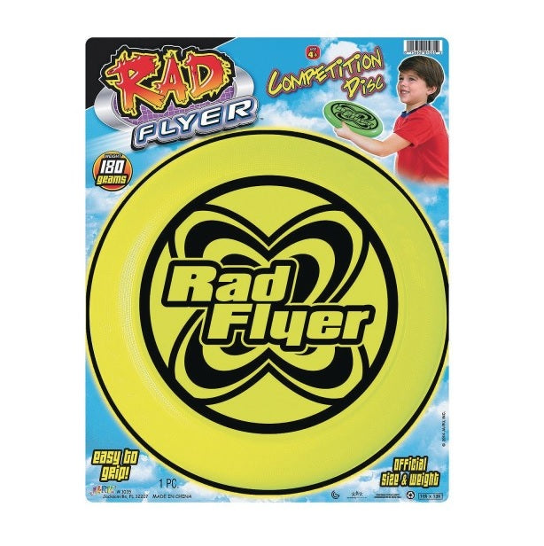 This picture shows the yellow frisbee inside the packaging. It shows a boy getting ready to throw it and it reads "competition disc." At the bottom of the packaging, it reads "Easy to grip" on the left side and it reads "Official size and weight" on the right side.