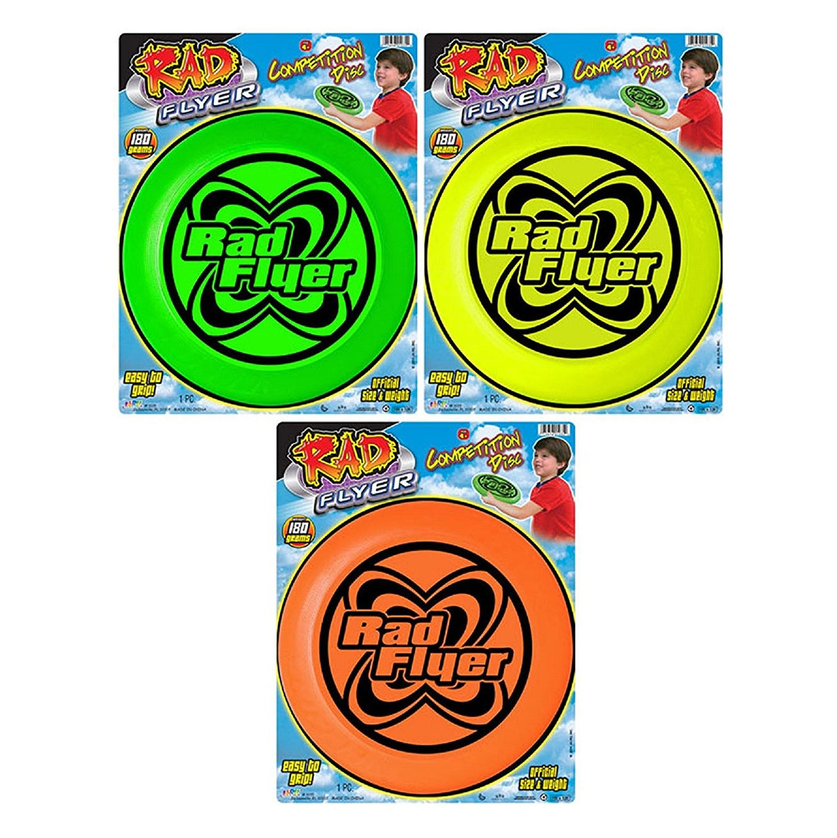 Round frisbee made of plastic and latex. One is neon green, one is yellow and one is orange. They all feature the black Rad Flyer logo. This shows what they look like inside their packaging.