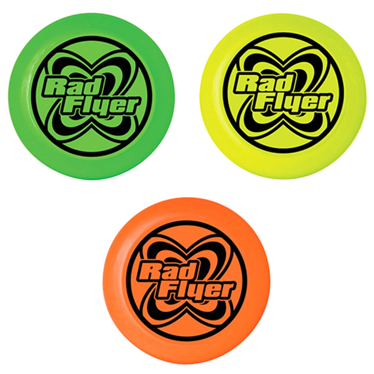 Round frisbee made of plastic and latex. One is neon green, one is yellow and one is orange. They all feature the black Rad Flyer logo.