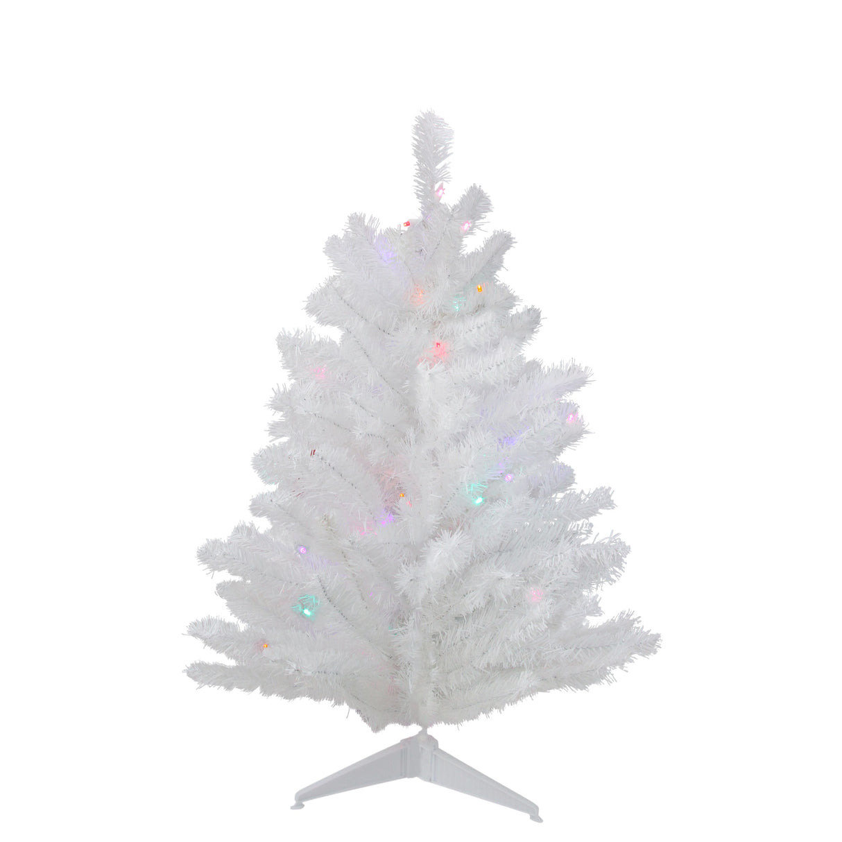 Small white tree pre-lit with multi-colored lights.