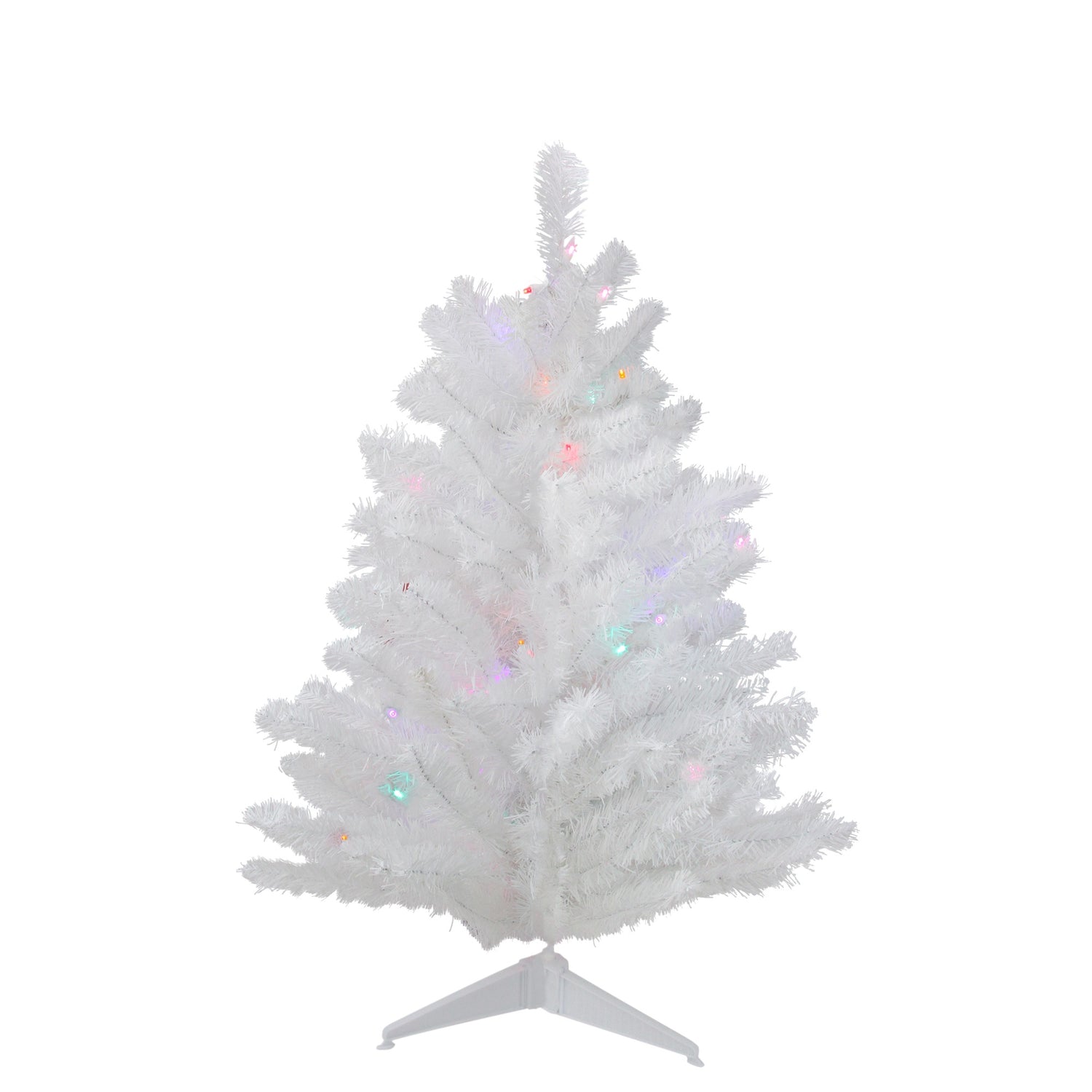 Small white tree pre-lit with multi-colored lights.