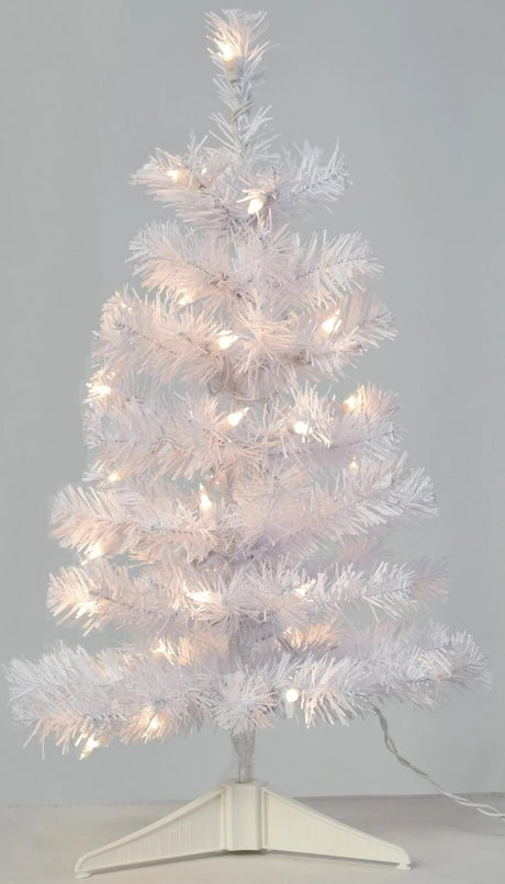 Small white tree with clear lights.